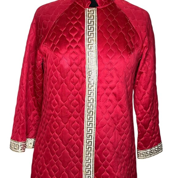 VTG 60/70s Quilted Red Bed Jacket Housecoat Robe Mandarin Collar Hostess Coat - Picture 1 of 16